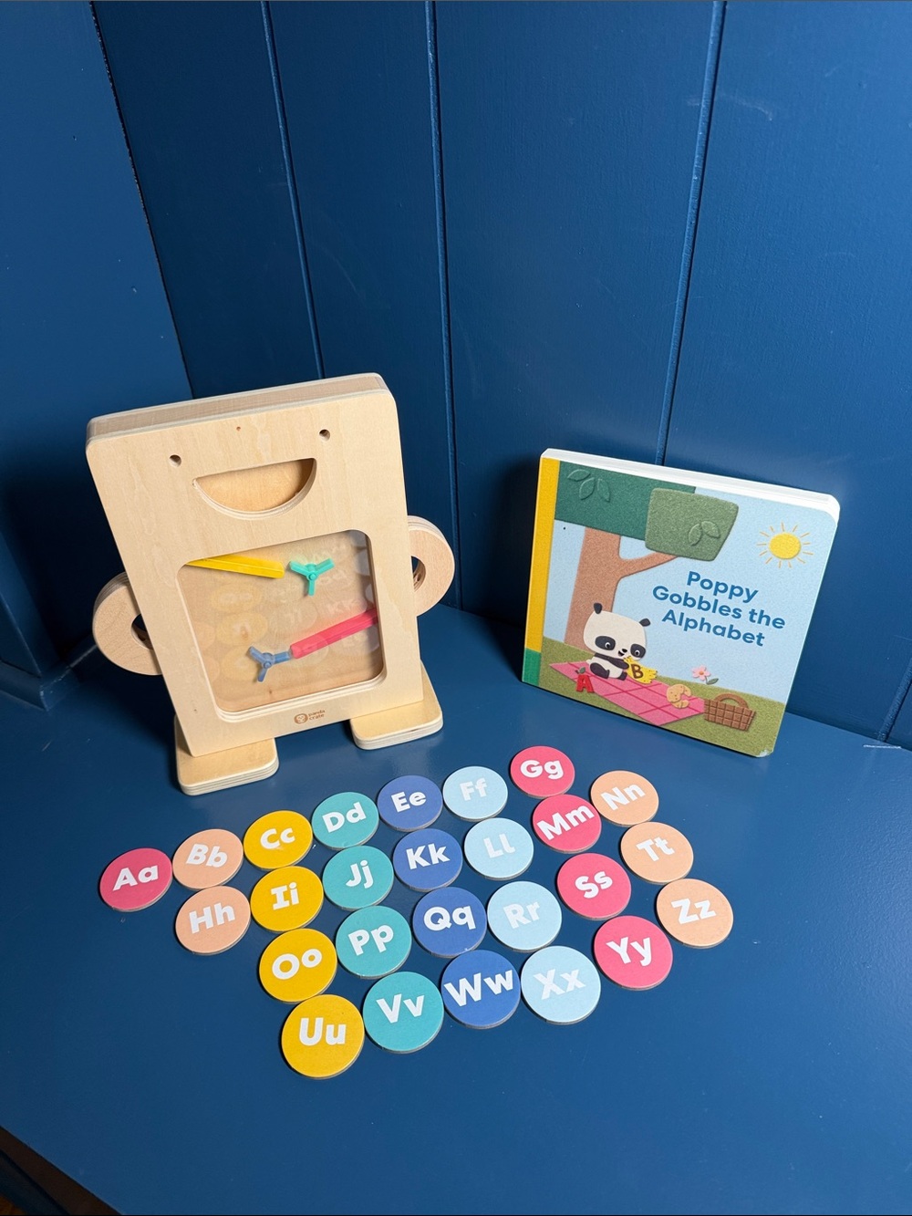 Wooden Alphabet Learning Set with Blue, Yellow, Pink and Green Pieces